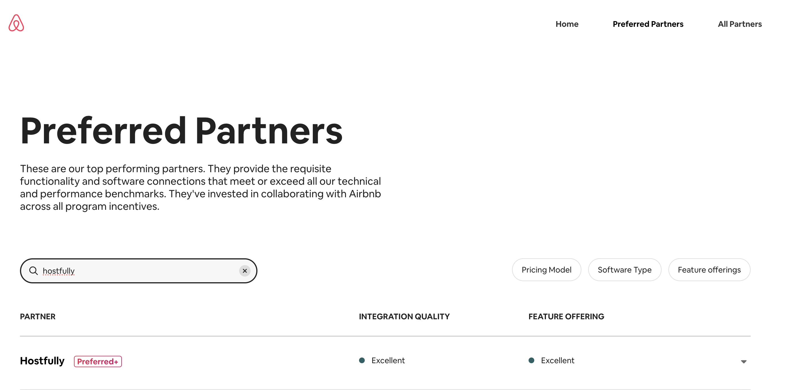 Image of Airbnb's preferred partner page showing Hostfully's status